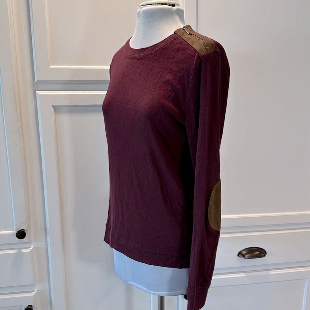Ralph Lauren long sleeve tee w/suede detail: shoulder zip, elbow patches.